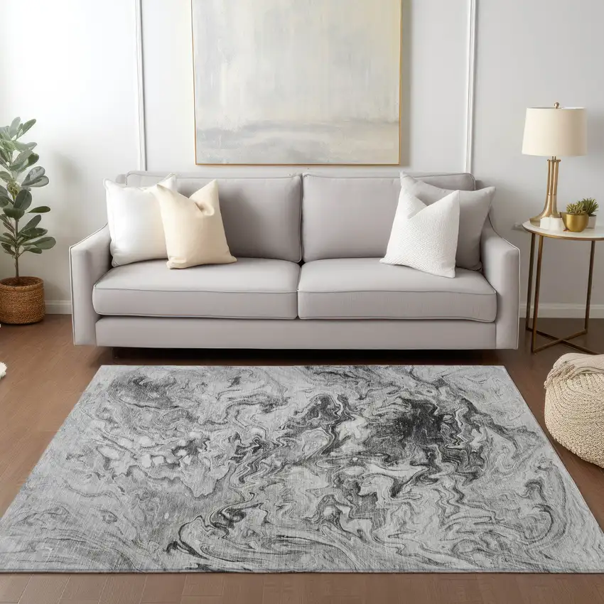 Gray Charcoal And Silver Abstract Washable Indoor Outdoor Area Rug Photo 8