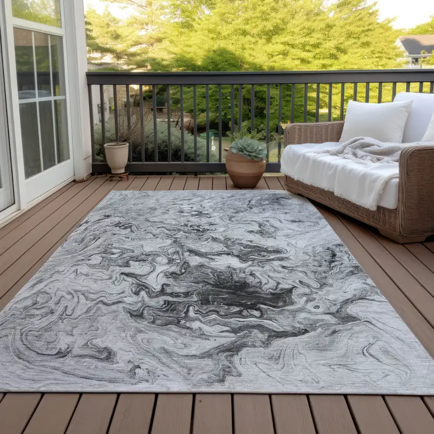 Gray Charcoal And Silver Abstract Washable Indoor Outdoor Area Rug Photo 8