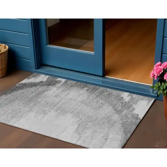 Gray Charcoal And Silver Abstract Washable Indoor Outdoor Area Rug Photo 1