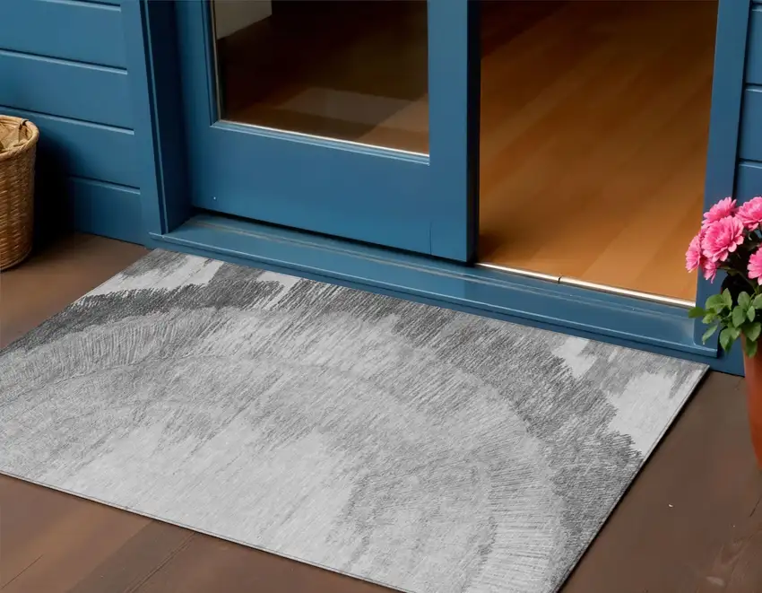 Gray Charcoal And Silver Abstract Washable Indoor Outdoor Area Rug Photo 1