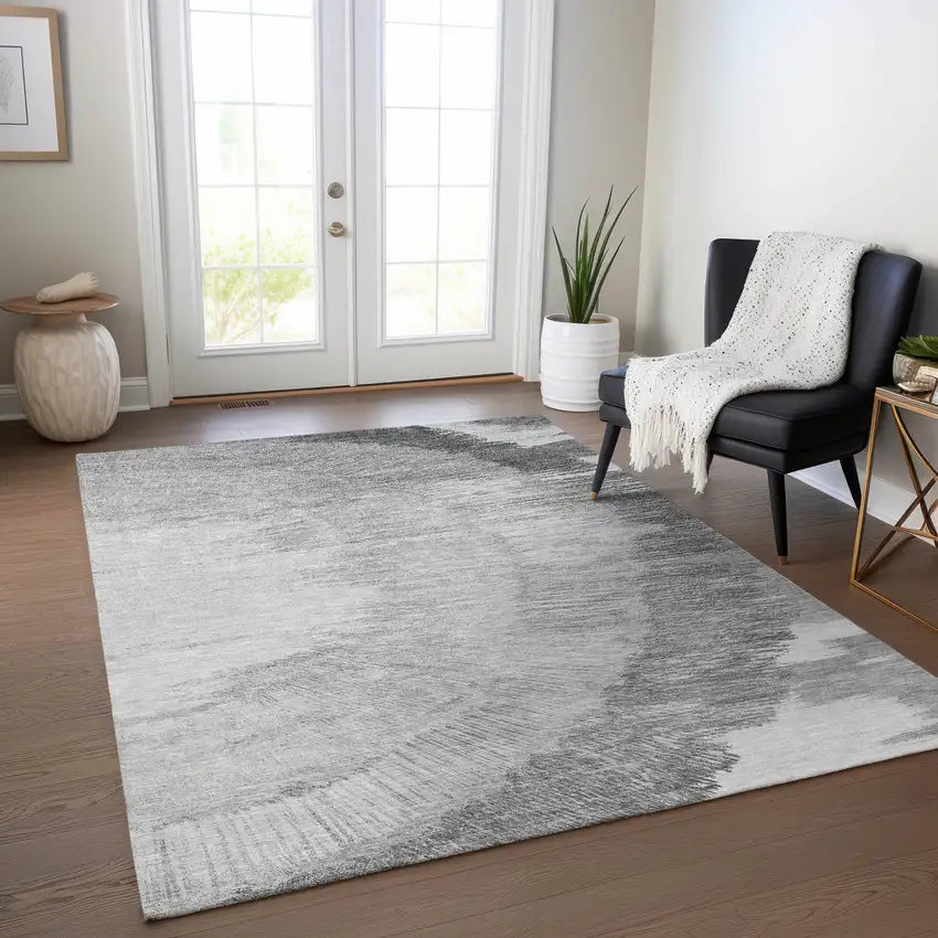 Gray Charcoal And Silver Abstract Washable Indoor Outdoor Area Rug Photo 9