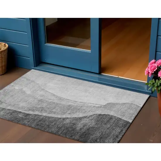 Gray Charcoal And Silver Abstract Washable Indoor Outdoor Area Rug Photo 1