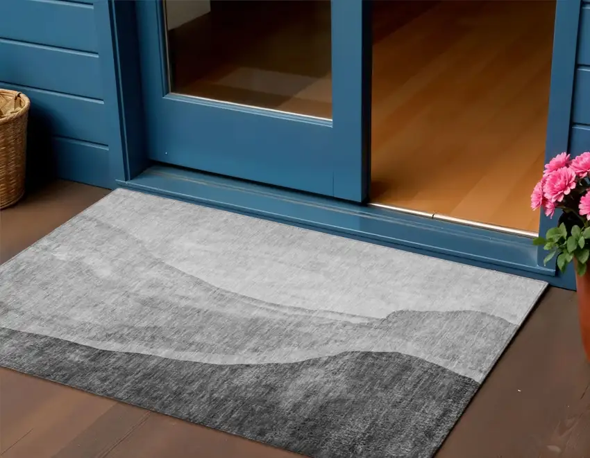 Gray Charcoal And Silver Abstract Washable Indoor Outdoor Area Rug Photo 1