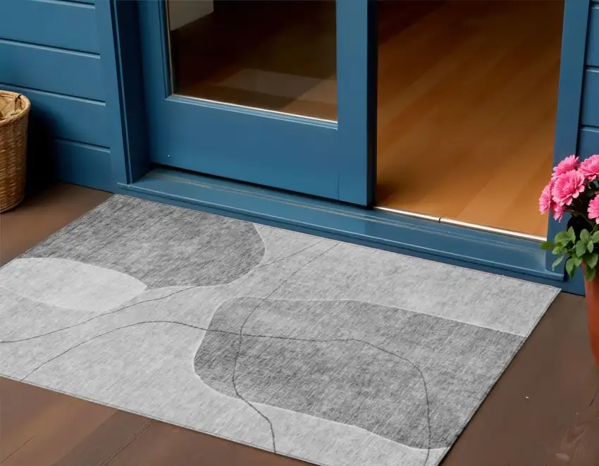 Gray Charcoal And Silver Abstract Washable Indoor Outdoor Area Rug Photo 1