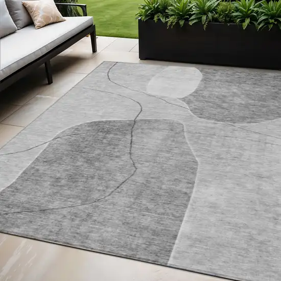 Gray Charcoal And Silver Abstract Washable Indoor Outdoor Area Rug Photo 1