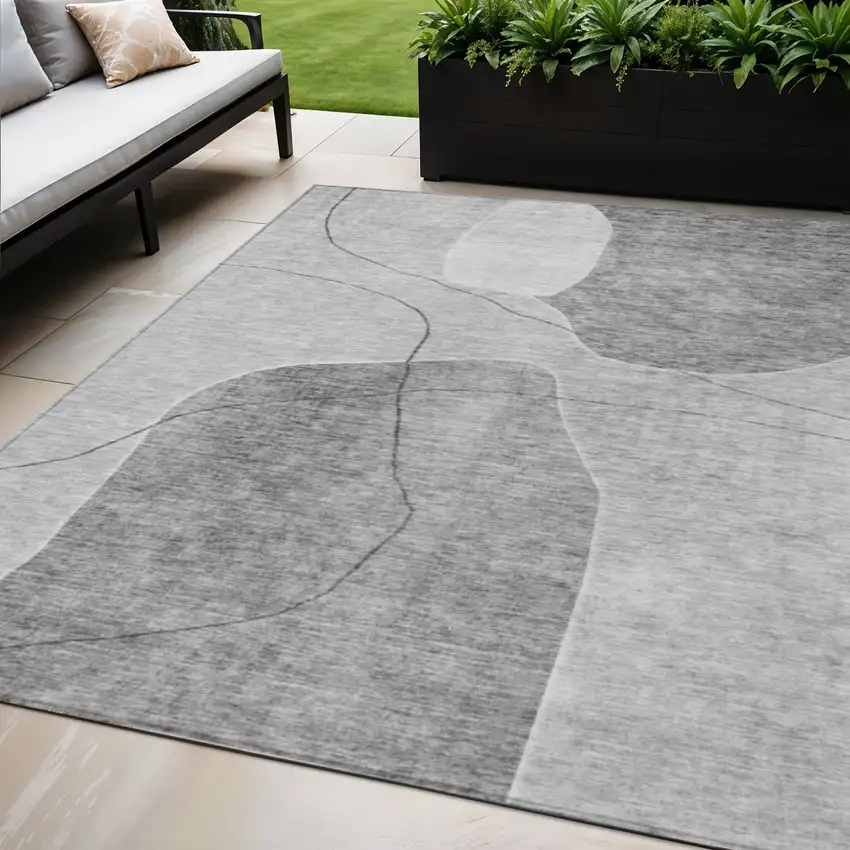 Gray Charcoal And Silver Abstract Washable Indoor Outdoor Area Rug Photo 1