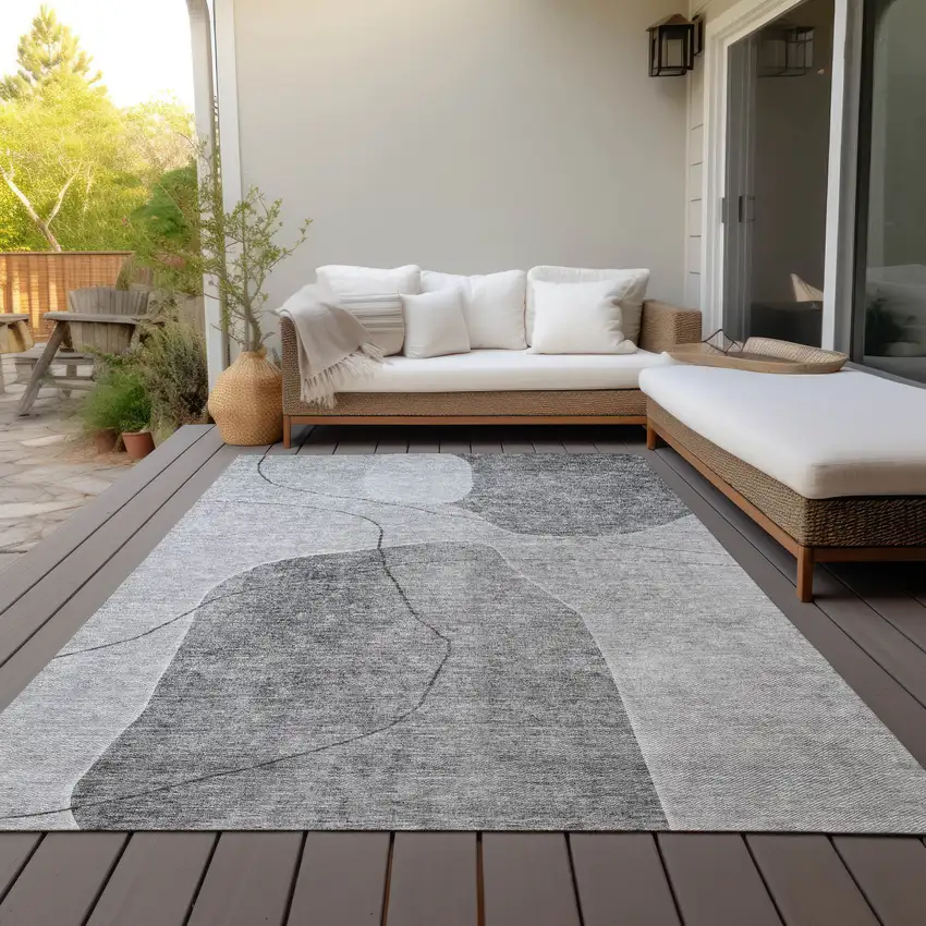 Gray Charcoal And Silver Abstract Washable Indoor Outdoor Area Rug Photo 8