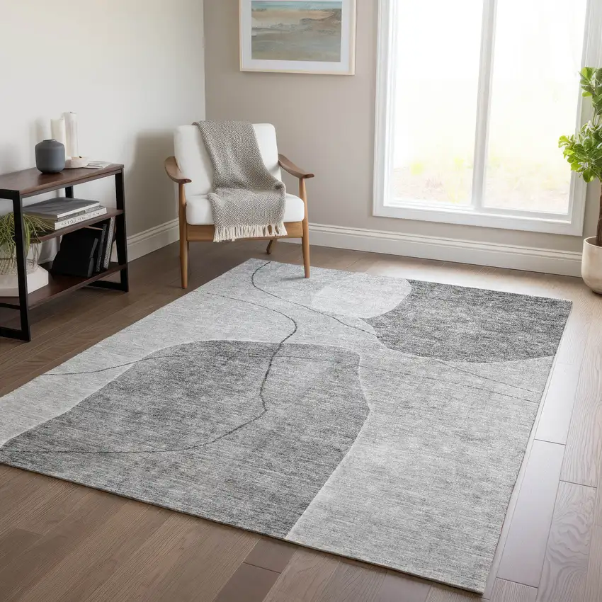 Gray Charcoal And Silver Abstract Washable Indoor Outdoor Area Rug Photo 9