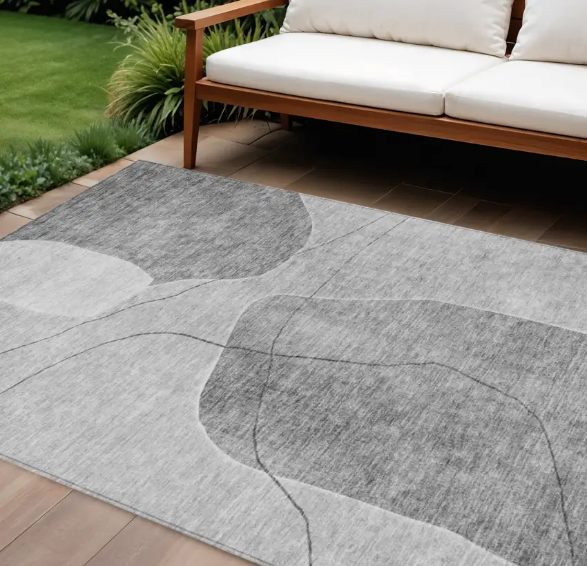 Gray Charcoal And Silver Abstract Washable Indoor Outdoor Area Rug Photo 1