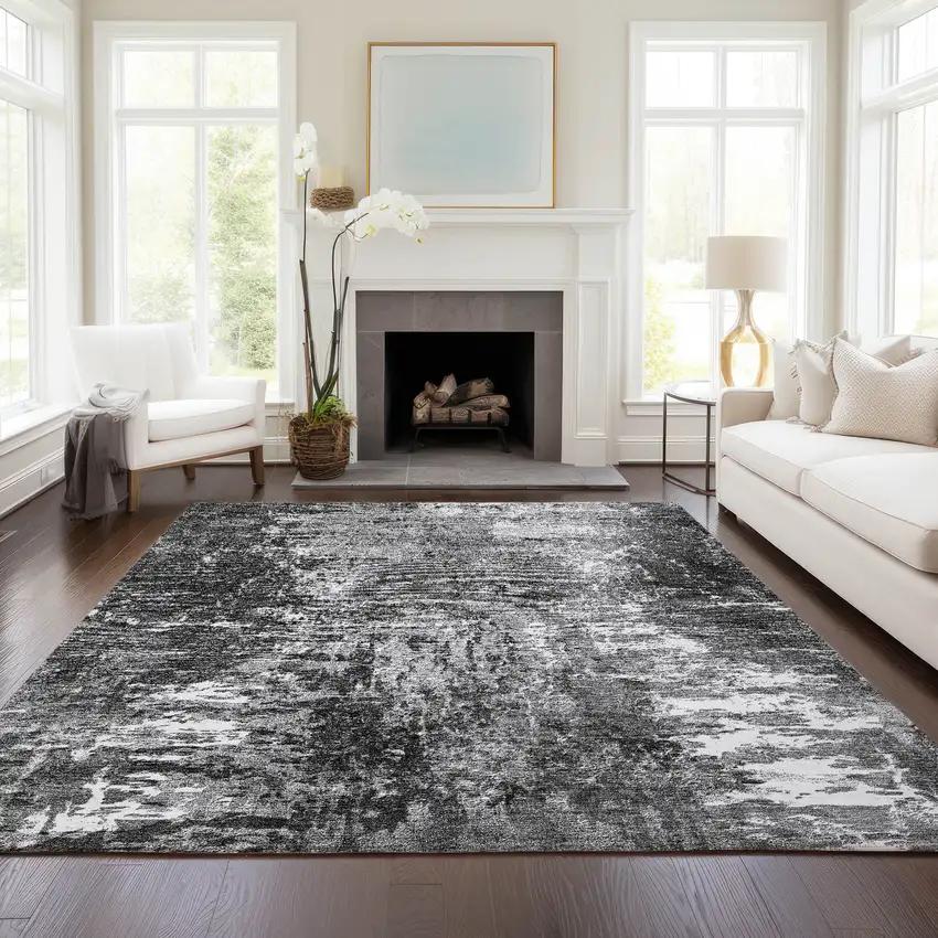 Gray Charcoal And Silver Abstract Washable Indoor Outdoor Area Rug Photo 7
