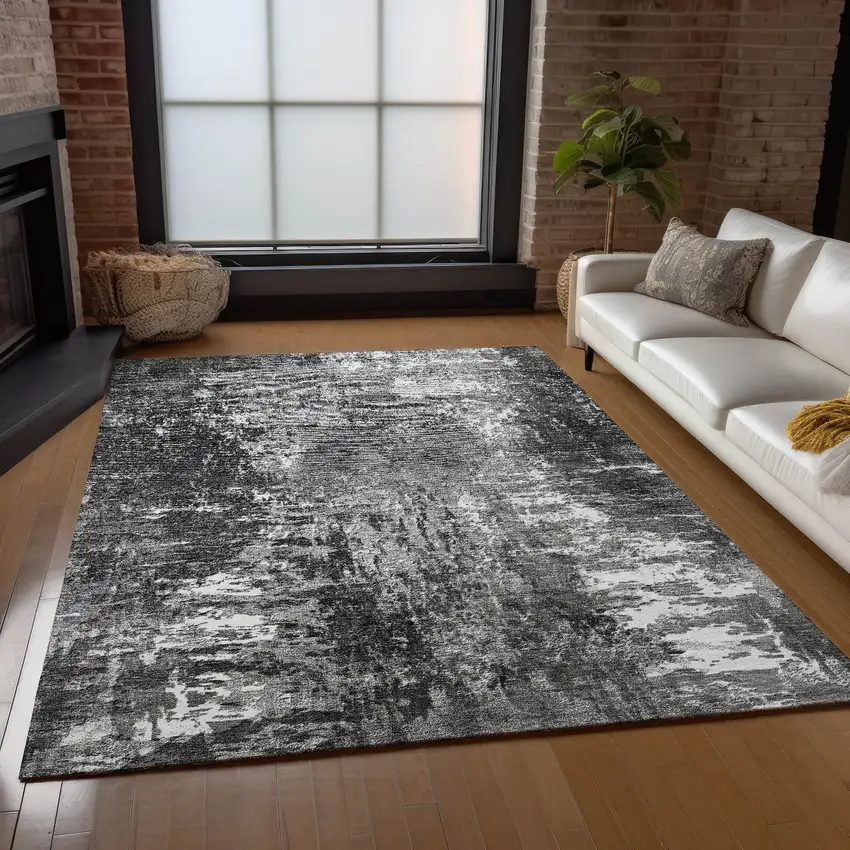 Gray Charcoal And Silver Abstract Washable Indoor Outdoor Area Rug Photo 8