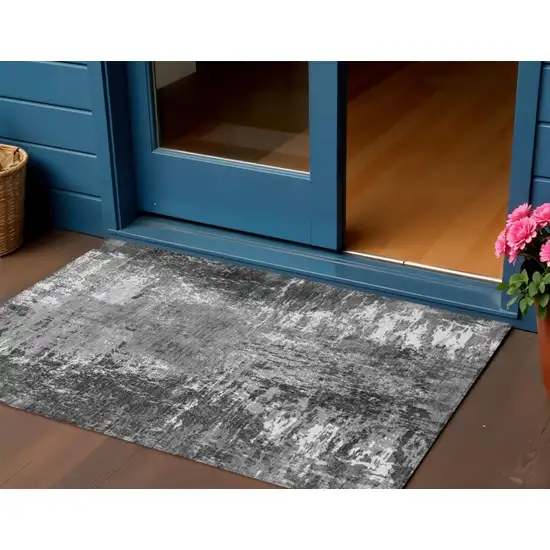 Gray Charcoal And Silver Abstract Washable Indoor Outdoor Area Rug Photo 1