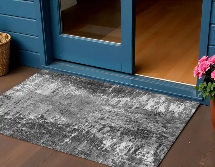 Gray Charcoal And Silver Abstract Washable Indoor Outdoor Area Rug Photo 1