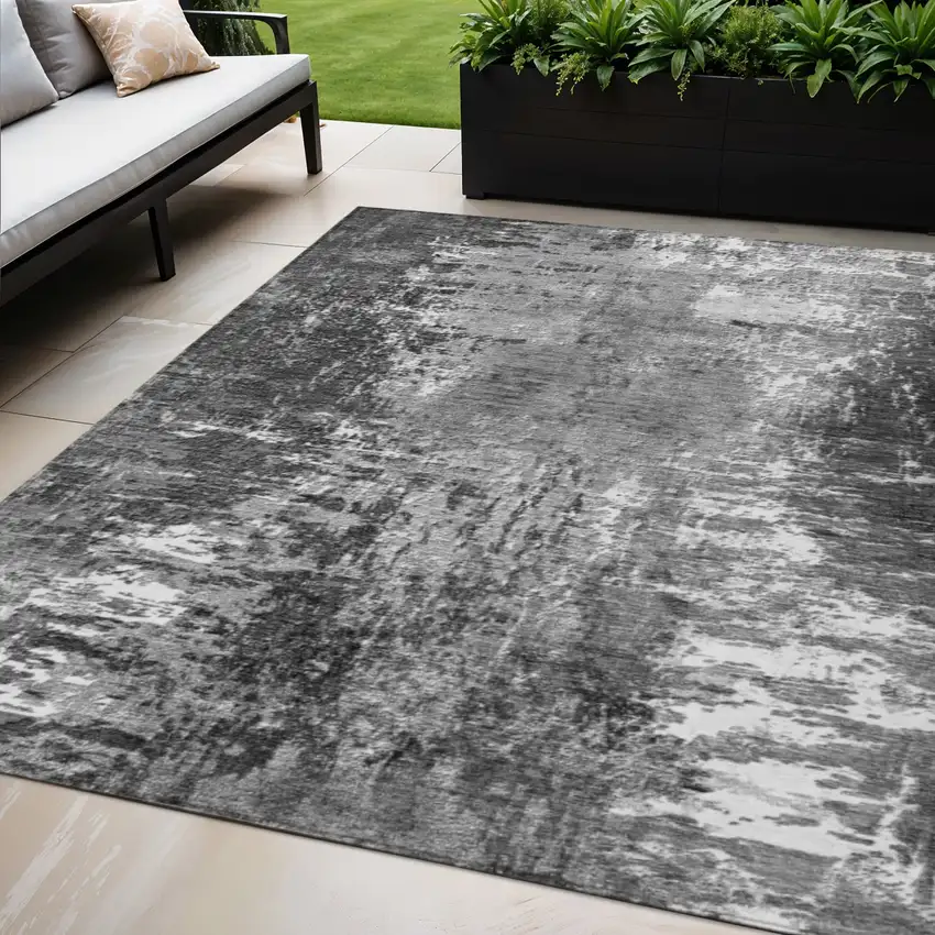 Gray Charcoal And Silver Abstract Washable Indoor Outdoor Area Rug Photo 1