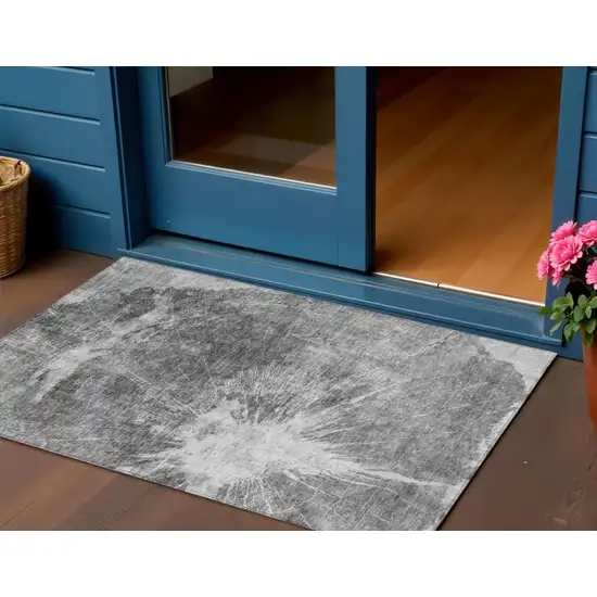 Gray Charcoal And Silver Abstract Washable Indoor Outdoor Area Rug Photo 1