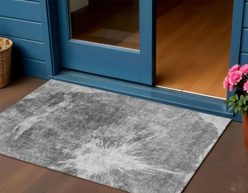 Gray Charcoal And Silver Abstract Washable Indoor Outdoor Area Rug Photo 1