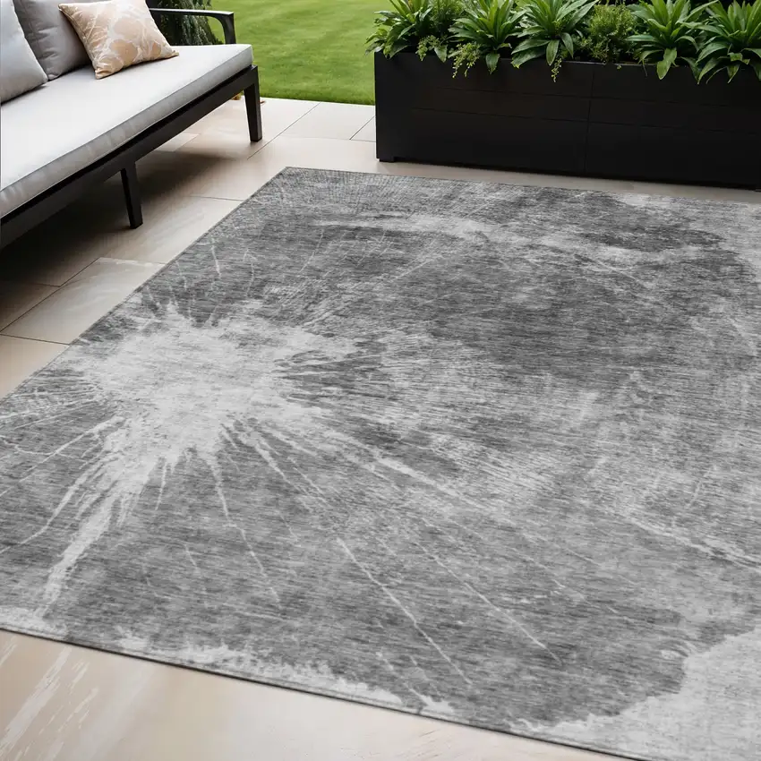 Gray Charcoal And Silver Abstract Washable Indoor Outdoor Area Rug Photo 1