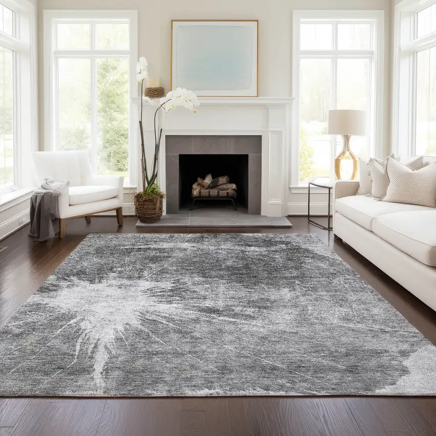 Gray Charcoal And Silver Abstract Washable Indoor Outdoor Area Rug Photo 7