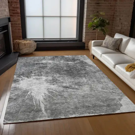 Gray Charcoal And Silver Abstract Washable Indoor Outdoor Area Rug Photo 8