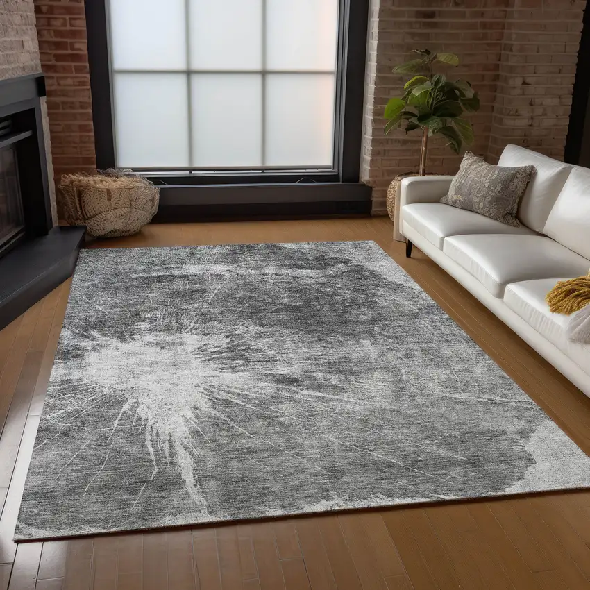 Gray Charcoal And Silver Abstract Washable Indoor Outdoor Area Rug Photo 8
