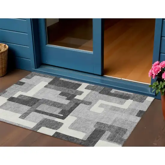 Gray Charcoal And Silver Abstract Washable Indoor Outdoor Area Rug Photo 9