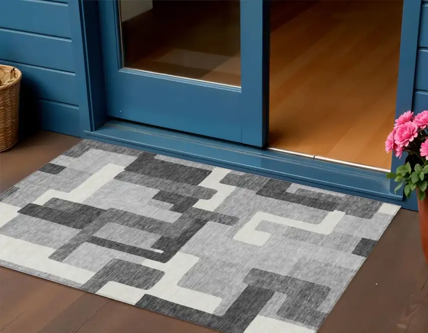 Gray Charcoal And Silver Abstract Washable Indoor Outdoor Area Rug Photo 9