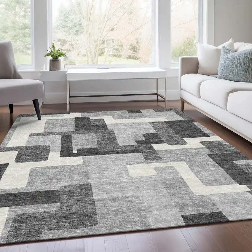 Gray Charcoal And Silver Abstract Washable Indoor Outdoor Area Rug Photo 7