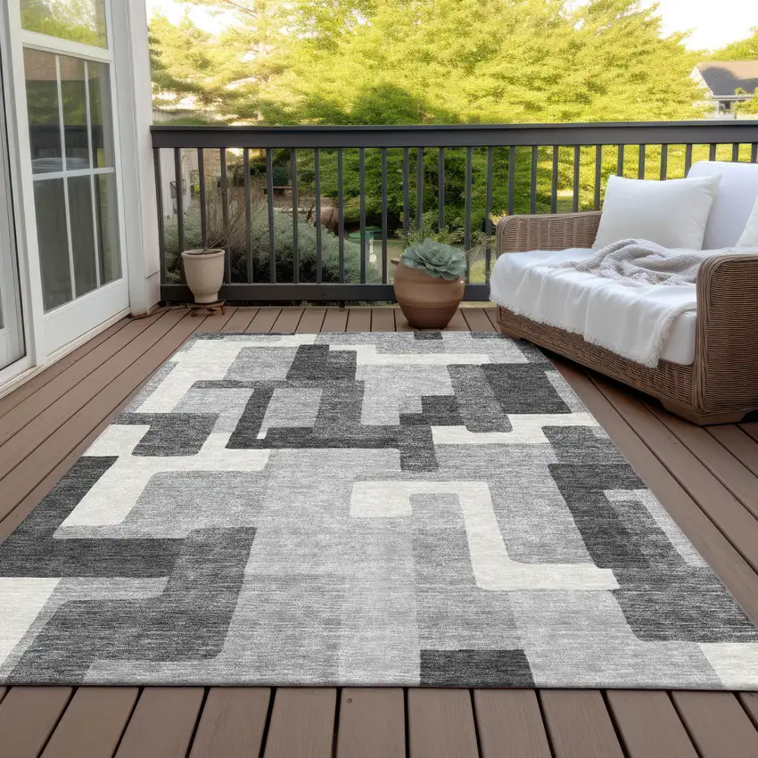 Gray Charcoal And Silver Abstract Washable Indoor Outdoor Area Rug Photo 6