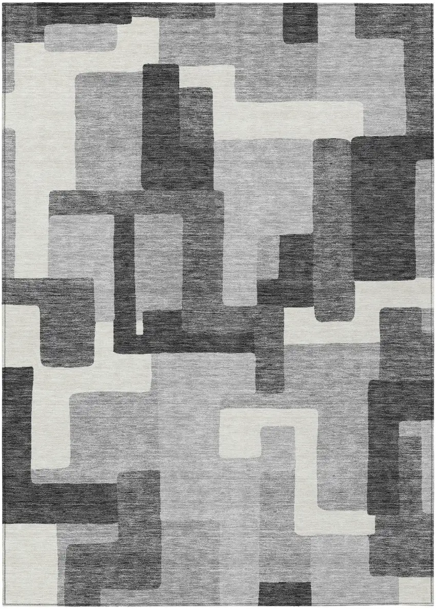 Gray Charcoal And Silver Abstract Washable Indoor Outdoor Area Rug Photo 1