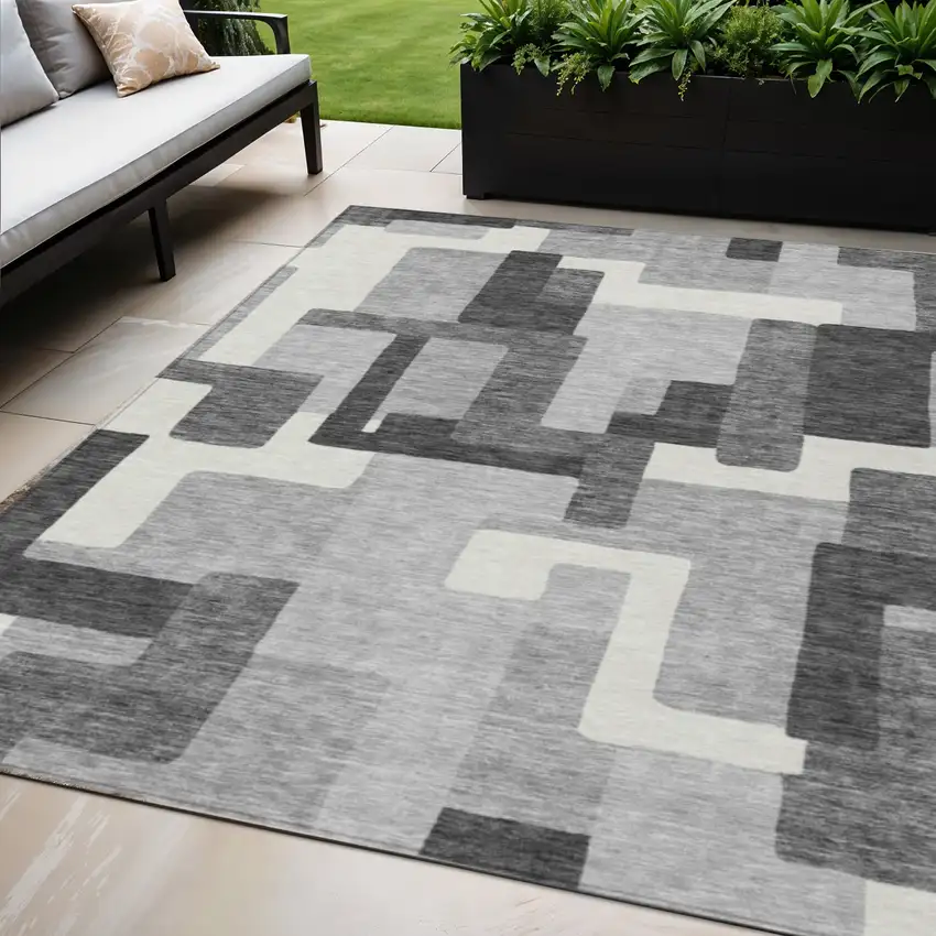 Gray Charcoal And Silver Abstract Washable Indoor Outdoor Area Rug Photo 1