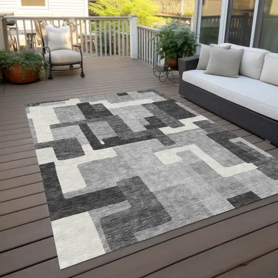 Gray Charcoal And Silver Abstract Washable Indoor Outdoor Area Rug Photo 9