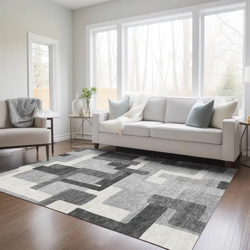 Gray Charcoal And Silver Abstract Washable Indoor Outdoor Area Rug Photo 9