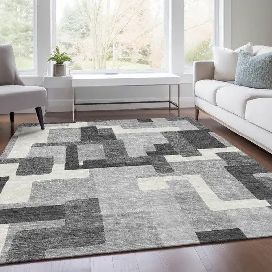 Gray Charcoal And Silver Abstract Washable Indoor Outdoor Area Rug Photo 8