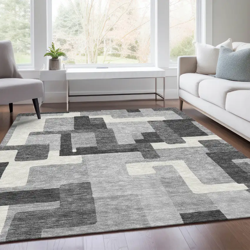 Gray Charcoal And Silver Abstract Washable Indoor Outdoor Area Rug Photo 8