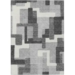Photo of Gray Charcoal And Silver Abstract Washable Indoor Outdoor Area Rug