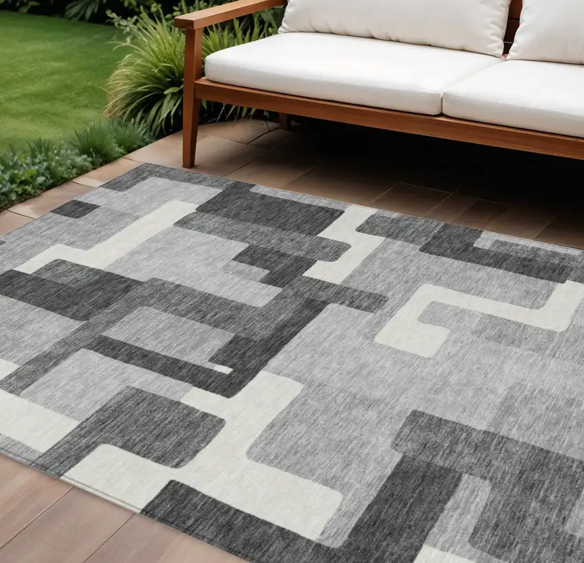 Gray Charcoal And Silver Abstract Washable Indoor Outdoor Area Rug Photo 1