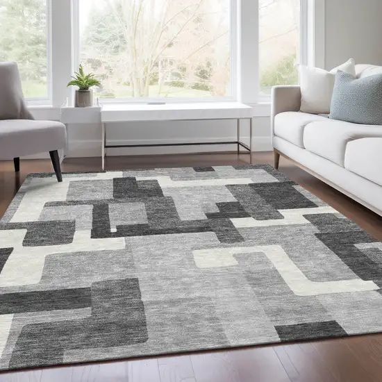 Gray Charcoal And Silver Abstract Washable Indoor Outdoor Area Rug Photo 6