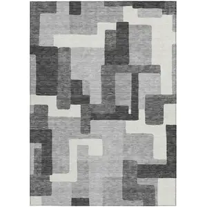 Photo of Gray Charcoal And Silver Abstract Washable Indoor Outdoor Area Rug