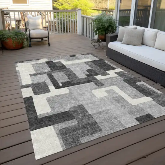 Gray Charcoal And Silver Abstract Washable Indoor Outdoor Area Rug Photo 8