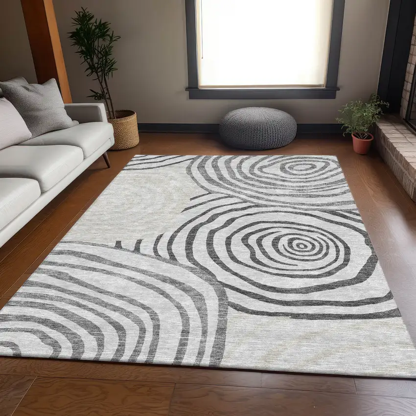 Gray Charcoal And Silver Abstract Washable Indoor Outdoor Area Rug Photo 8