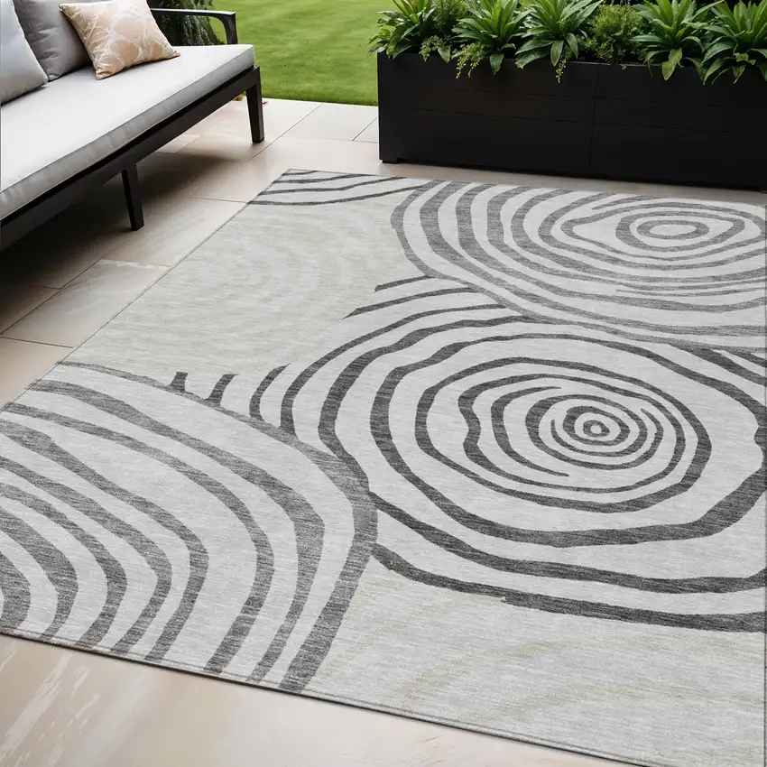 Gray Charcoal And Silver Abstract Washable Indoor Outdoor Area Rug Photo 1