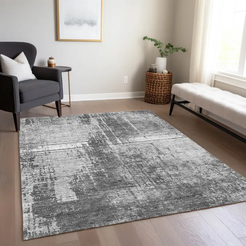 Gray Charcoal And Silver Abstract Washable Indoor Outdoor Area Rug Photo 9