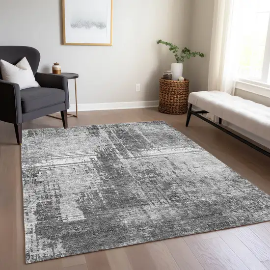 Gray Charcoal And Silver Abstract Washable Indoor Outdoor Area Rug Photo 9