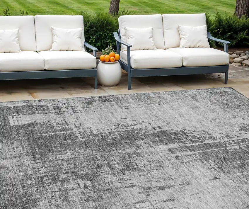 Gray Charcoal And Silver Abstract Washable Indoor Outdoor Area Rug Photo 1