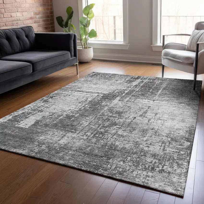 Gray Charcoal And Silver Abstract Washable Indoor Outdoor Area Rug Photo 8
