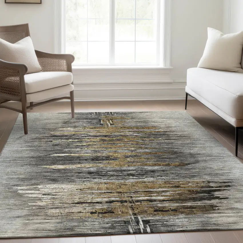 Gray Charcoal And Silver Abstract Washable Indoor Outdoor Area Rug Photo 9