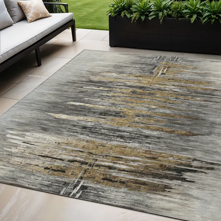 Gray Charcoal And Silver Abstract Washable Indoor Outdoor Area Rug Photo 1