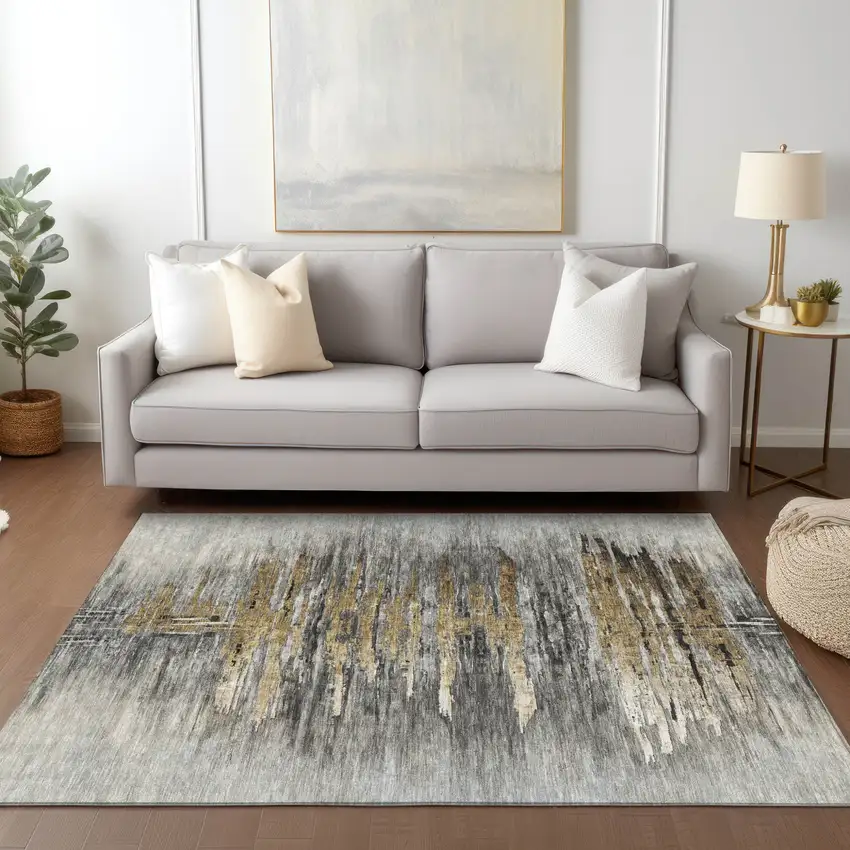 Gray Charcoal And Silver Abstract Washable Indoor Outdoor Area Rug Photo 9