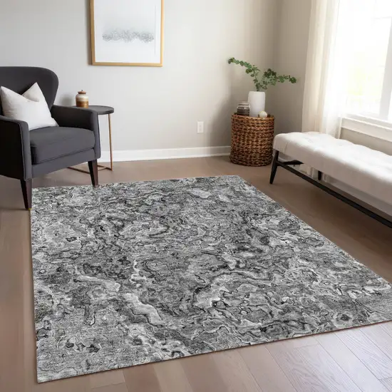Gray Charcoal And Silver Abstract Washable Indoor Outdoor Area Rug Photo 9