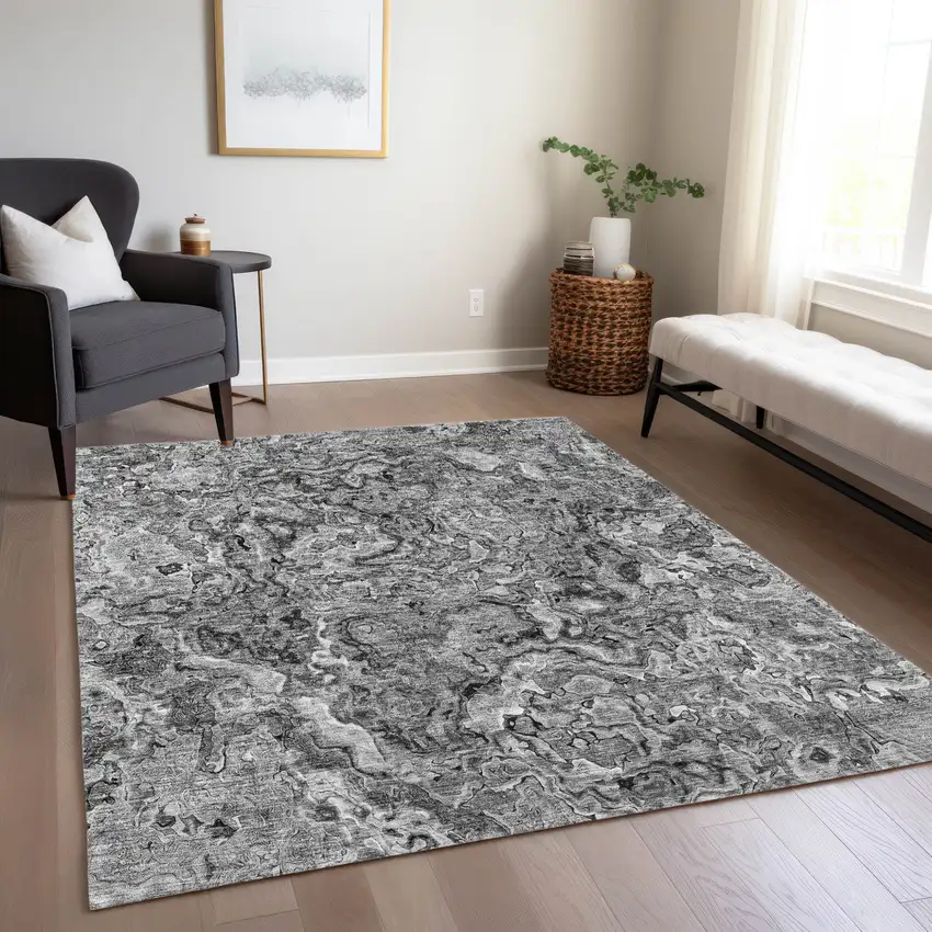 Gray Charcoal And Silver Abstract Washable Indoor Outdoor Area Rug Photo 9